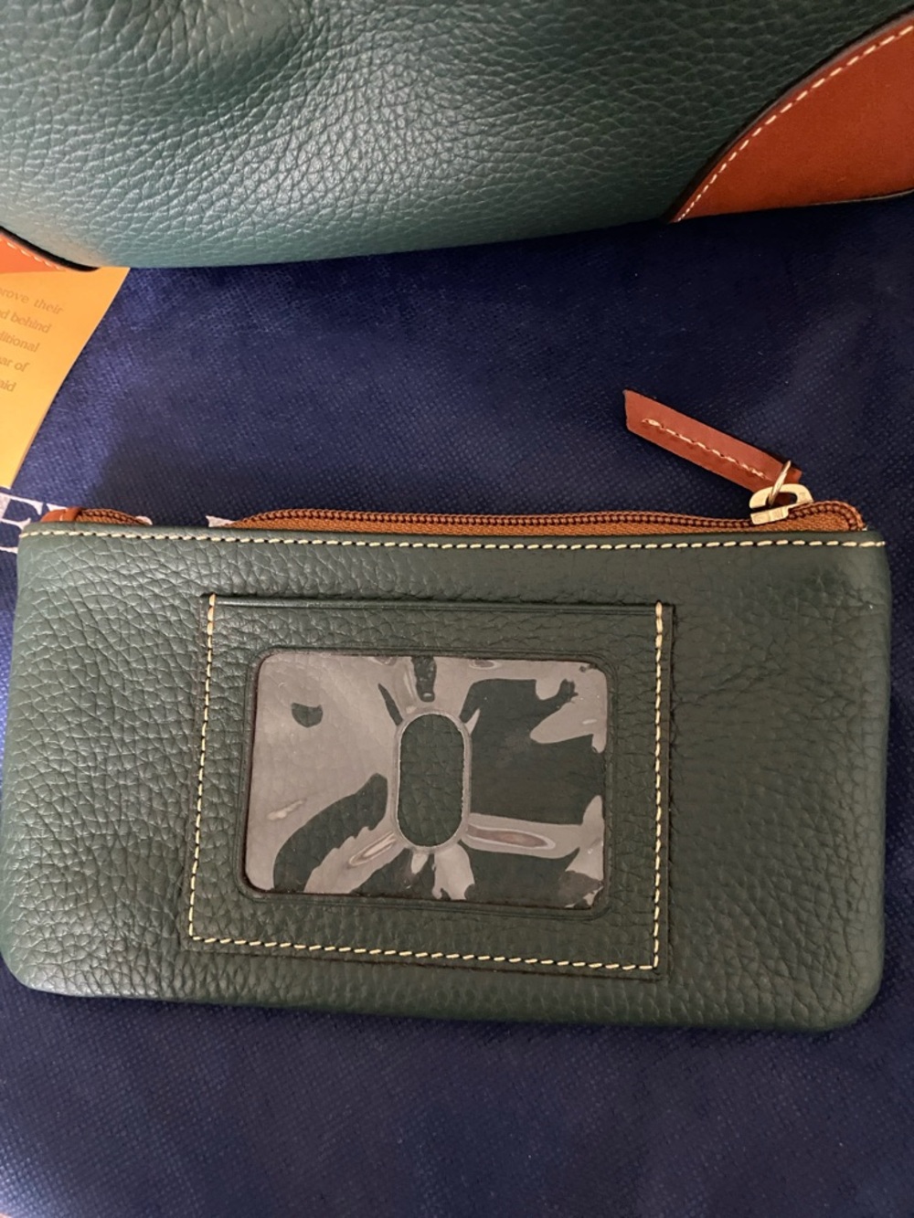 Dooney & Bourke Green Leather Tote with Brown Trim and Matching Pouch - Picture 10 of 13